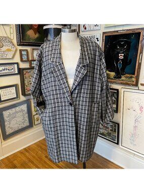 80s Vintage You Lim of California Blue & White Plaid Wool Oversized Coat XXL